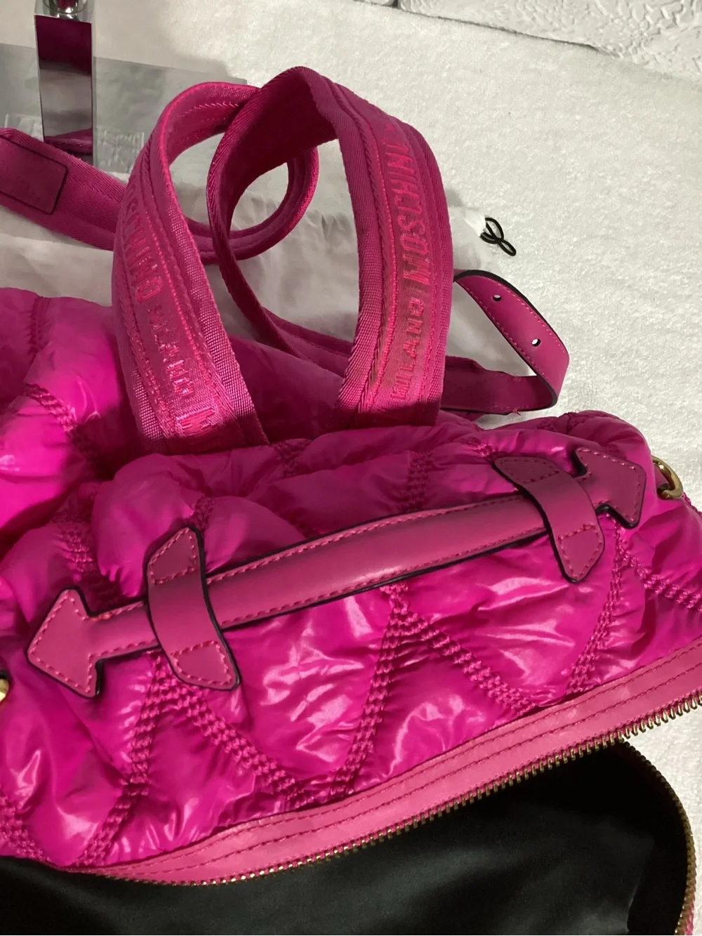 Moschino Quilted Hot Pink Large Nylon Backpack w/ Gold Studded Logo